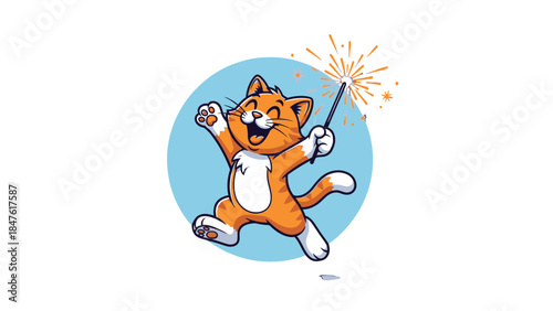 Happy Orange Cartoon Cat Celebrating with Sparkler in Light Blue Circle Background