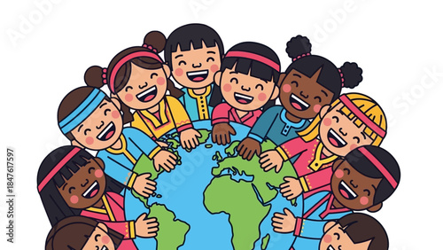 Global Embrace: A heartwarming depiction of diverse children encircling the globe, representing unity, friendship, and the beauty of global harmony.
