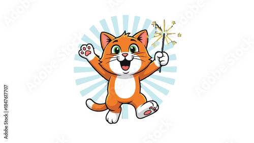 Whimsical Cat and Sparkler: A cheerful cartoon cat with a radiant sparkler in paw, spreading joy and delight against a backdrop of sunbeams.