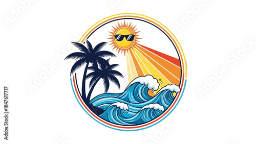 Tropical Beach Paradise Illustration: A vibrant illustration showcasing a sun, ocean waves, and palm trees in a circular frame, embodying a serene beach scene.