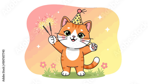 Celebratory Feline: A joyful cat, adorned with a festive party hat, gleefully holds sparklers, embodying the spirit of celebration and cheer.