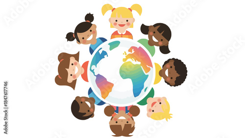 Children of the World Embrace Globe: An illustrated scene of children from diverse backgrounds encircling a vibrant globe, representing unity, global understanding, and the interconnectedness of all.