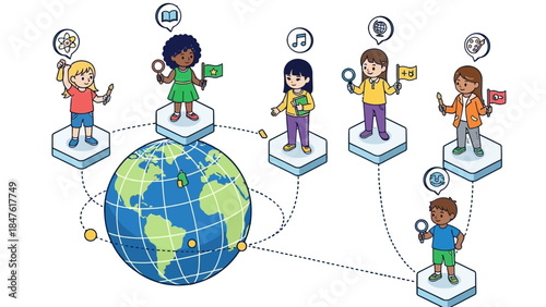 Global Connections: A colorful illustration depicts diverse children interacting around a globe, representing communication and cultural exchange, highlighting the power of global connection.