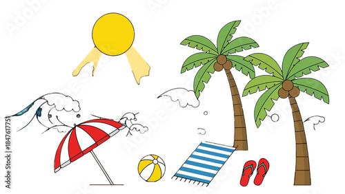 Tropical Paradise Illustration: A vibrant illustration depicts a serene beach scene, featuring palm tree, sun, ocean wave and relaxing accessories that captures the essence of a perfect summer day.