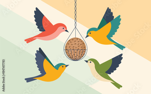 Colorful birds flying around a hanging bird feeder in a serene environment