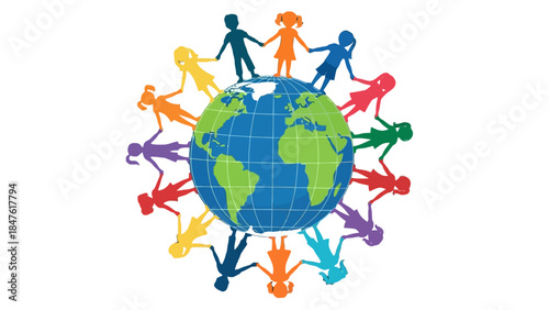 Global Harmony: Illustrative depiction of unity, diverse children clasping hands around a globe, embodying the spirit of worldwide harmony, solidarity, and collaborative spirit.