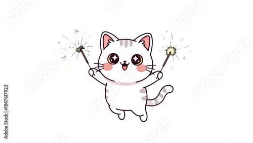 Playful Kitten and Sparklers: A charming cartoon kitten gleefully holds two sparklers, emanating a sense of joy, celebration, and youthful delight.