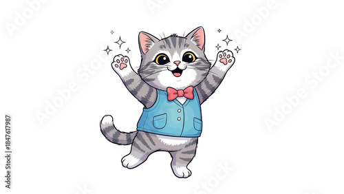 Charming Cat's Joyful Celebration: A delighted, well-dressed cat raises paws with sparkles, showcasing an undeniable expression of happiness.