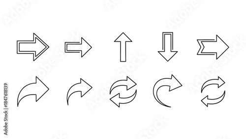 Collection of ten distinct black outline arrow icons representing direction navigation movement refresh and various interface actions