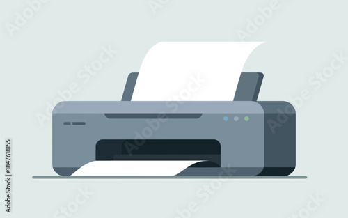 A modern printer printing a document on a plain background from a front viewpoint