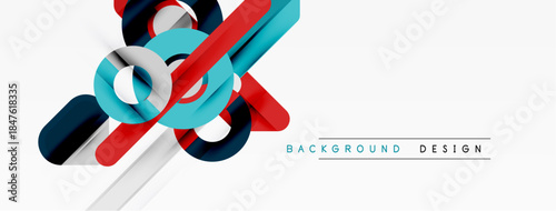 Abstract geometric shapes overlap, creating dynamic visual effect. Red, blue, cyan elements contrast white background. Modern design.