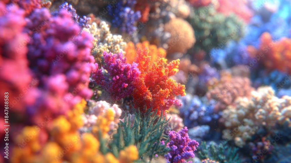 Fototapeta premium Colorful corals grow on the ocean floor in a bright underwater scene