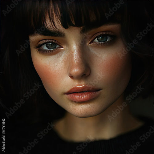 A beautiful woman's face in close-up, isolated against a black background. An illustration for facial skincare advertising. Suitable for printing on packaging, banners, and promotional materials, or a