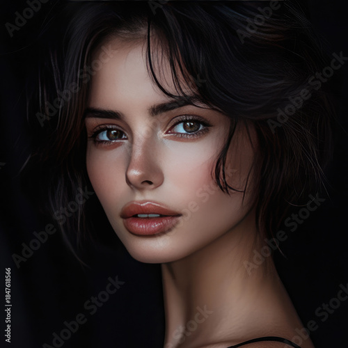 A beautiful woman's face in close-up, isolated against a black background. An illustration for facial skincare advertising. Suitable for printing on packaging, banners, and promotional materials, or a