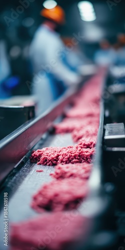Ground beef moving along conveyor belt in meat processing factory