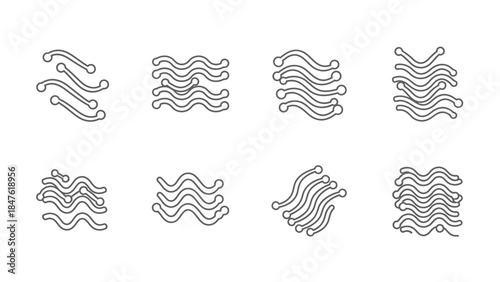 Set of eight abstract line art icons representing flowing waves or interconnected digital data streams in minimalist style