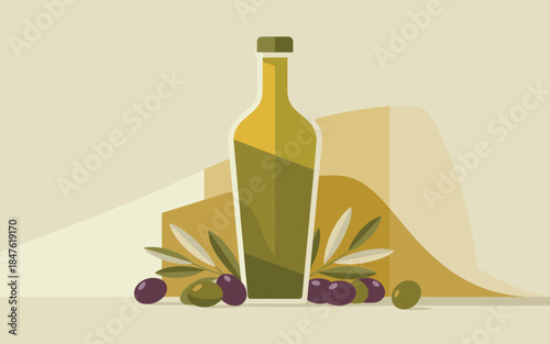 A bottle of olive oil surrounded by olives on a table