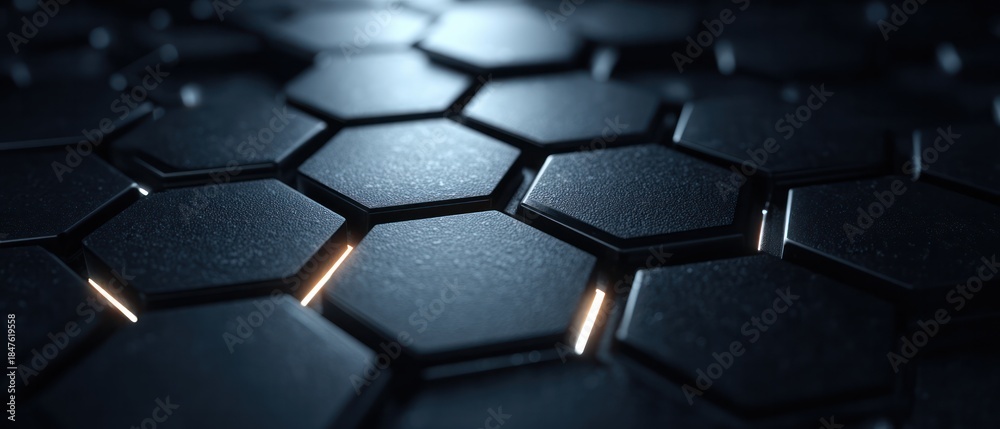 Obraz premium Dark futuristic hexagon surface with glowing seams and textured black tiles representing digital structure and modern technology design