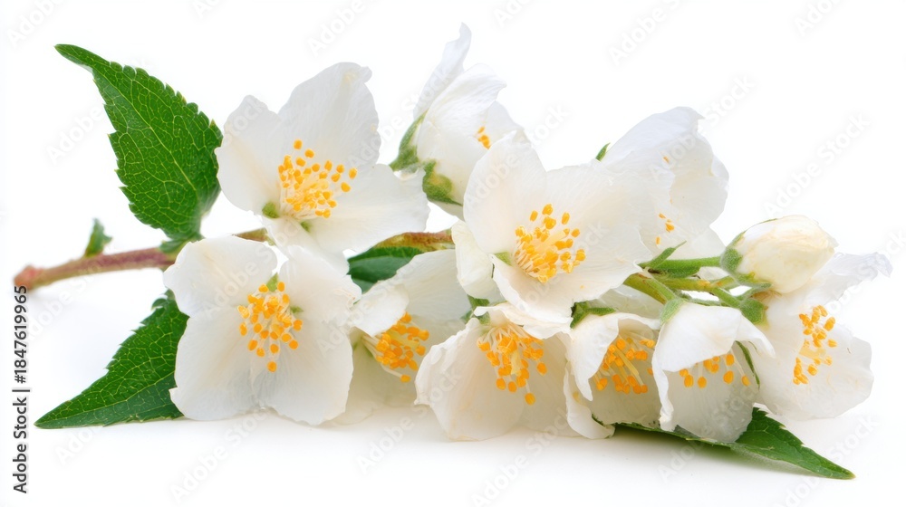 Obraz premium White flowers with yellow centers on a branch lying on a plain surface