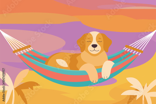 A dog relaxing on a colorful hammock at the beach during a serene sunset