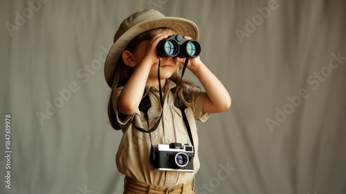 A young child wearing a safari outfit uses binoculars and holds a camera, exploring and observing the world with curiosity.