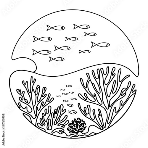 School of Fish Swimming Above Coral Reef Underwater Scene Line Art