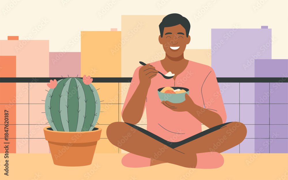 Obraz premium A man enjoying a meal on a rooftop surrounded by plants and cityscape