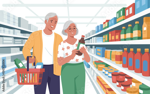 Elderly couple shopping together in a supermarket, browsing through beverage products on the shelves.