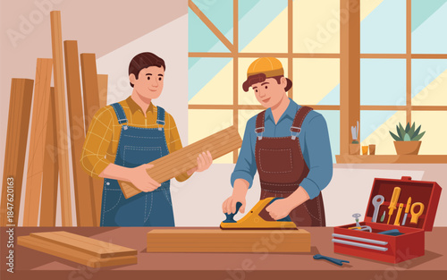 Two craftsmen working together in a well-lit workshop surrounded by wood and tools
