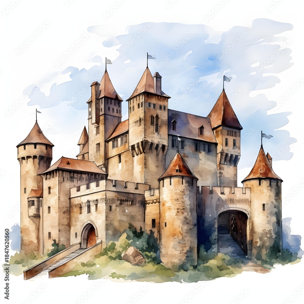 Fototapeta premium Majestic castle with towers and flags stands against a blue sky
