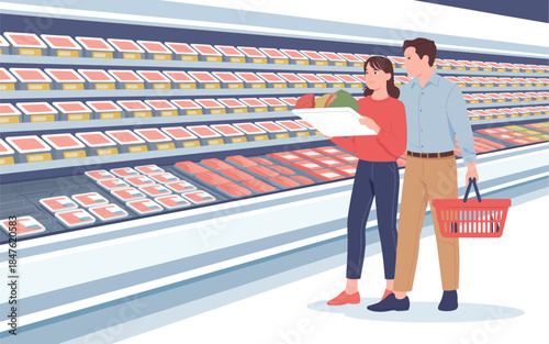 Couple shopping together in a grocery store, examining products on the shelves