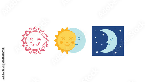 Smiling sun and moon icons in daytime and nighttime scenes