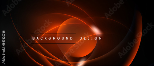 Abstract design features swirling orange lines against dark backdrop. Text reads background design. Modern, dynamic visual presentation.