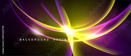 Abstract design features vibrant curves, radiating light. Purple, yellow hues dominate dark background. Modern, dynamic composition.