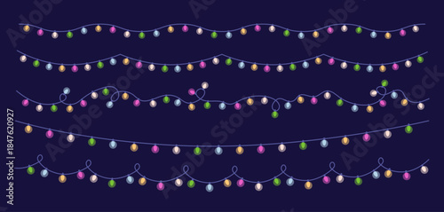 Light garlands set. Christmas string, strands, electric bulbs decoration. Festive winter holiday lightbulbs, glowing shining illumination, hanging ornament. Xmas decor. Flat vector illustrations