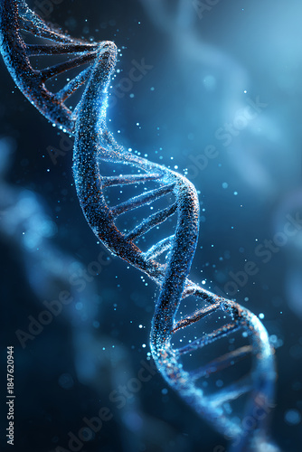DNA double helix glowing in vibrant blue tones with abstract light particles and molecular structures in a modern scientific environment
