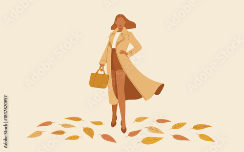 Woman walking through autumn leaves in a serene landscape viewed from behind