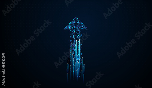 Streams of glowing blue pixels surge upward, forming an arrow that symbolizes explosive digital‑finance growth. Big digital pixels blue of Arrows Finance concept