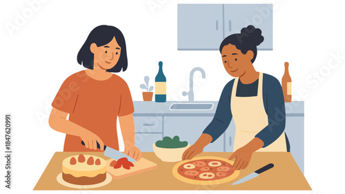 Two women preparing food in a modern kitchen together