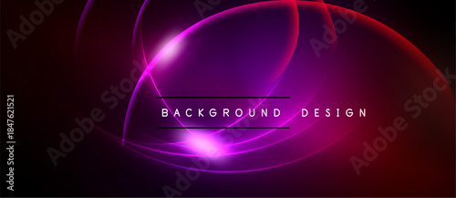 Abstract neon lines create vibrant purple, red glow. Background features dynamic curves, modern design elements.