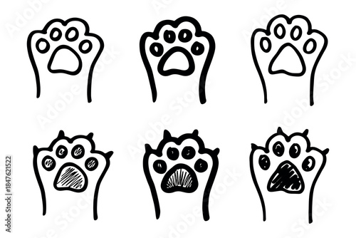 Set of hand drawn cute cat's paw Cat, dog, animal footprint in doodle style Single element for print, web, design, decor, greeting cards, children's prints