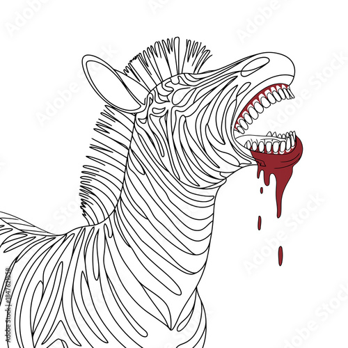 Line Art Zebra Head Open Mouth Bleeding Red Blood Drops White Background