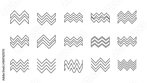Collection of abstract black and white chevron and zigzag line art icons representing various wave patterns and geometric designs