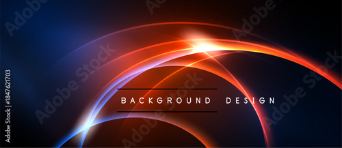Abstract neon lines create dynamic curves, vibrant colors. Dark background emphasizes glowing elements, modern design aesthetic.