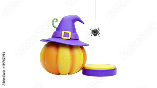3D Halloween Pumpkin with Witch Hat and Spider