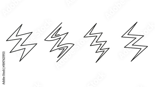 Collection of four distinct hand drawn black outline lightning bolt icons with subtle drop shadows