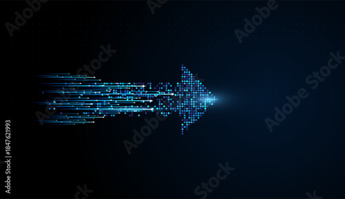The Abstract Digital Arrows Move forward, A pixelated arrow emerges from cascading data, evoking analytics powering smarter investment decisions.