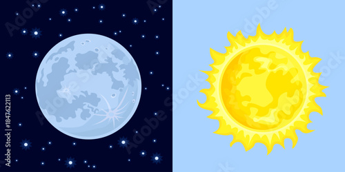 Day and night. Sun and moon icon. Vector cartoon flat illustration.