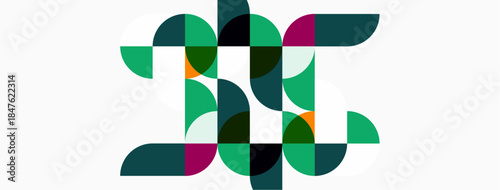 Abstract geometric design. Circles, arcs, shapes overlap creating letterform. Teal, green, maroon colors dominate white background. Modern aesthetic.