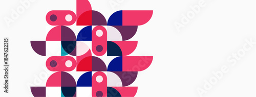 Abstract geometric shapes, pinks, purples, whites combine. Modern design, clean lines, minimalist aesthetic present. Composition feels playful, balanced.